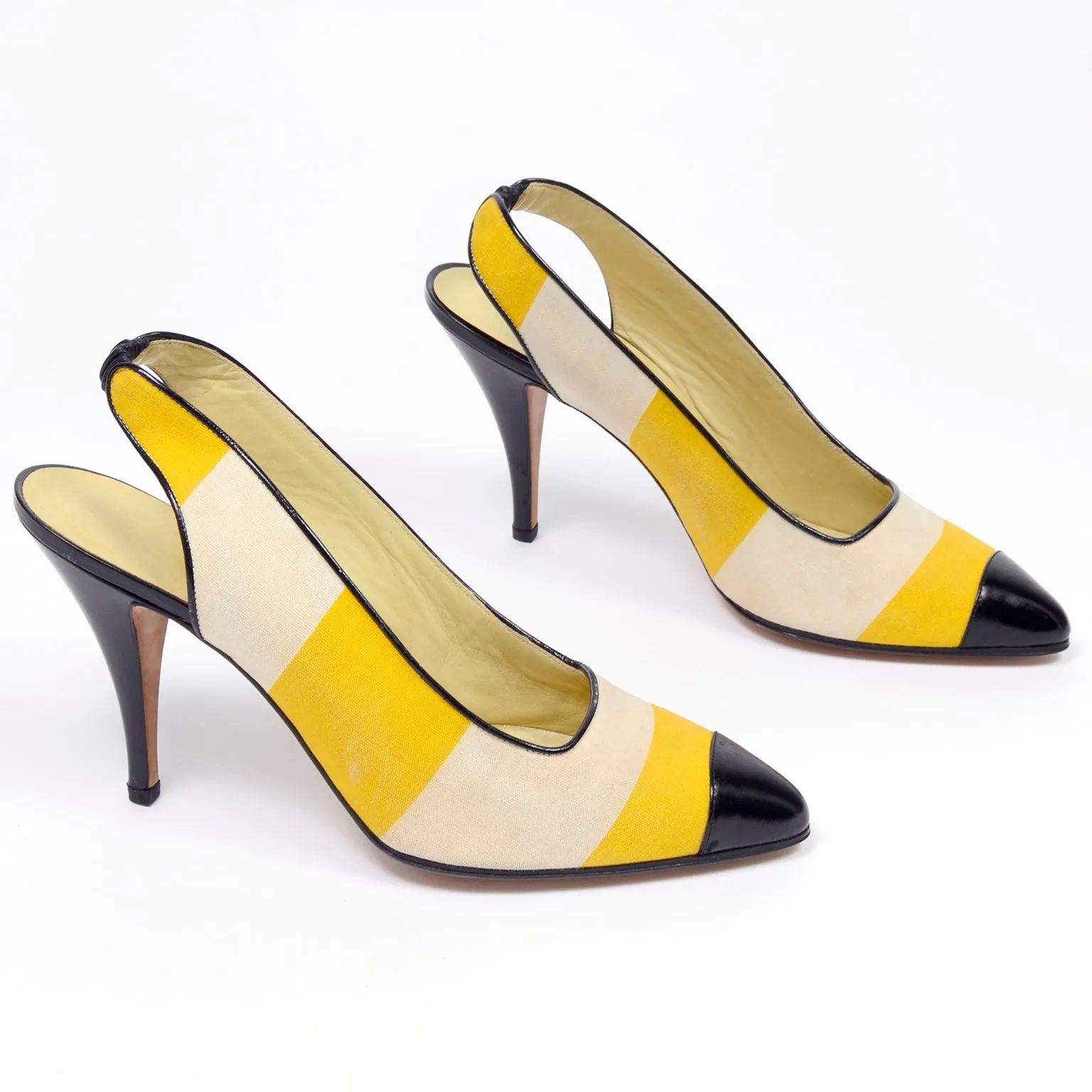 1980s Manolo Blahnik Yellow & Cream Striped Vintage Heels 39.5