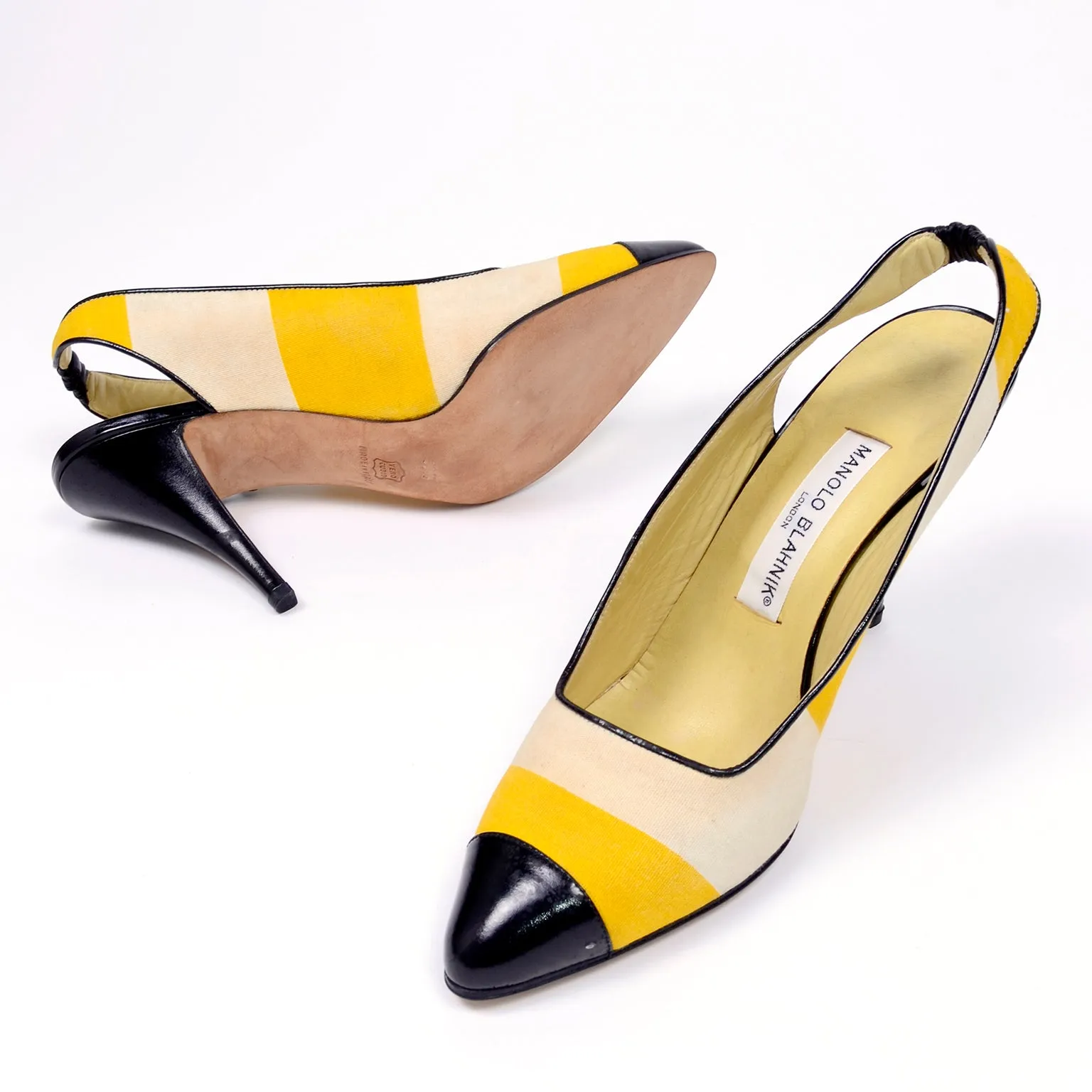 1980s Manolo Blahnik Yellow & Cream Striped Vintage Heels 39.5