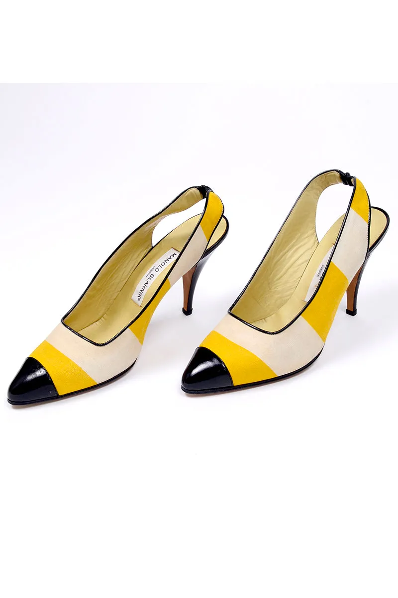 1980s Manolo Blahnik Yellow & Cream Striped Vintage Heels 39.5