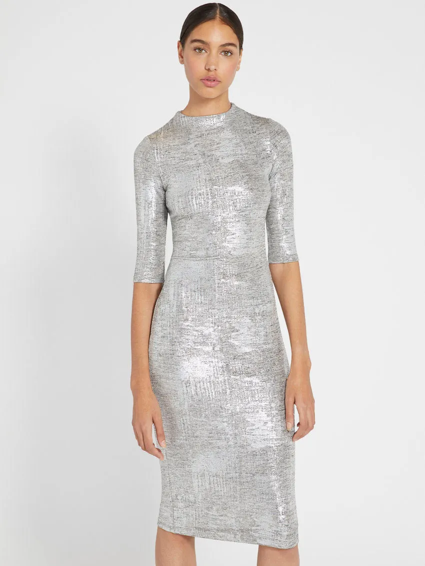 Alice   Olivia - Delora Fitted Mock Neck Dress in Silver