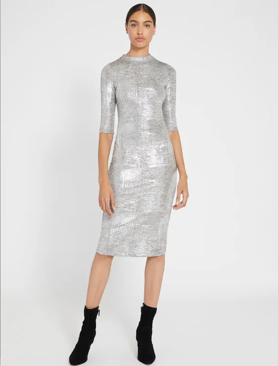 Alice   Olivia - Delora Fitted Mock Neck Dress in Silver