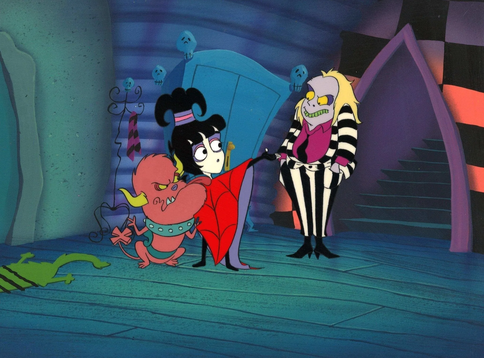 Beetlejuice The Animated Series Original Production Cel on Original Background: Beetlejuice and Lydia Deetz