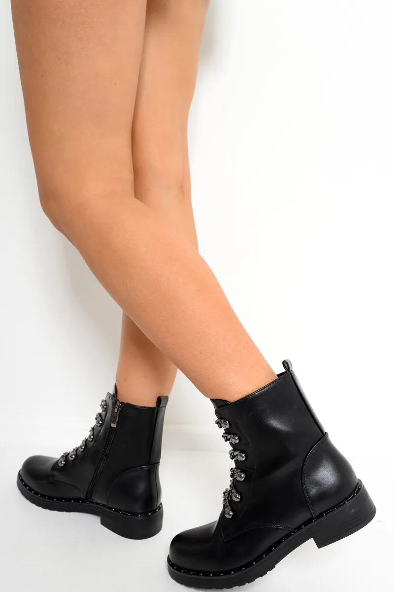 Black PU Chain Detail Biker Boots - Fischer