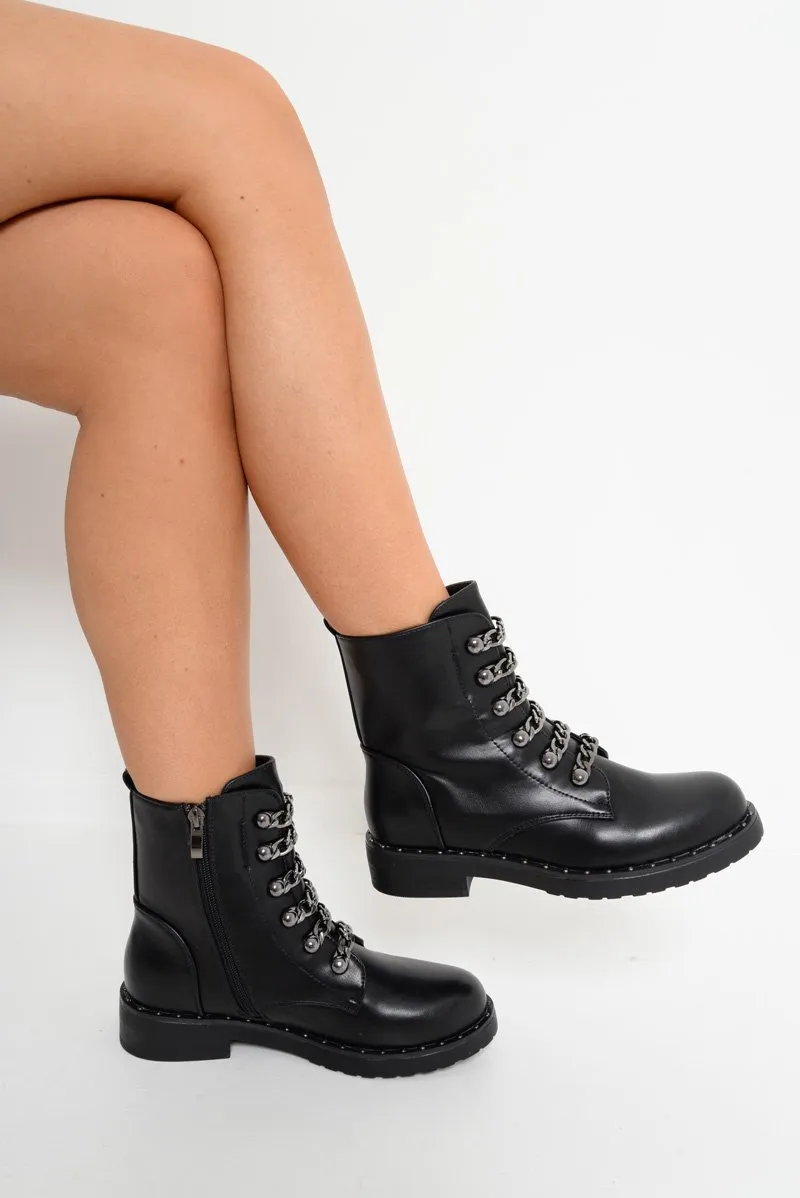 Black PU Chain Detail Biker Boots - Fischer