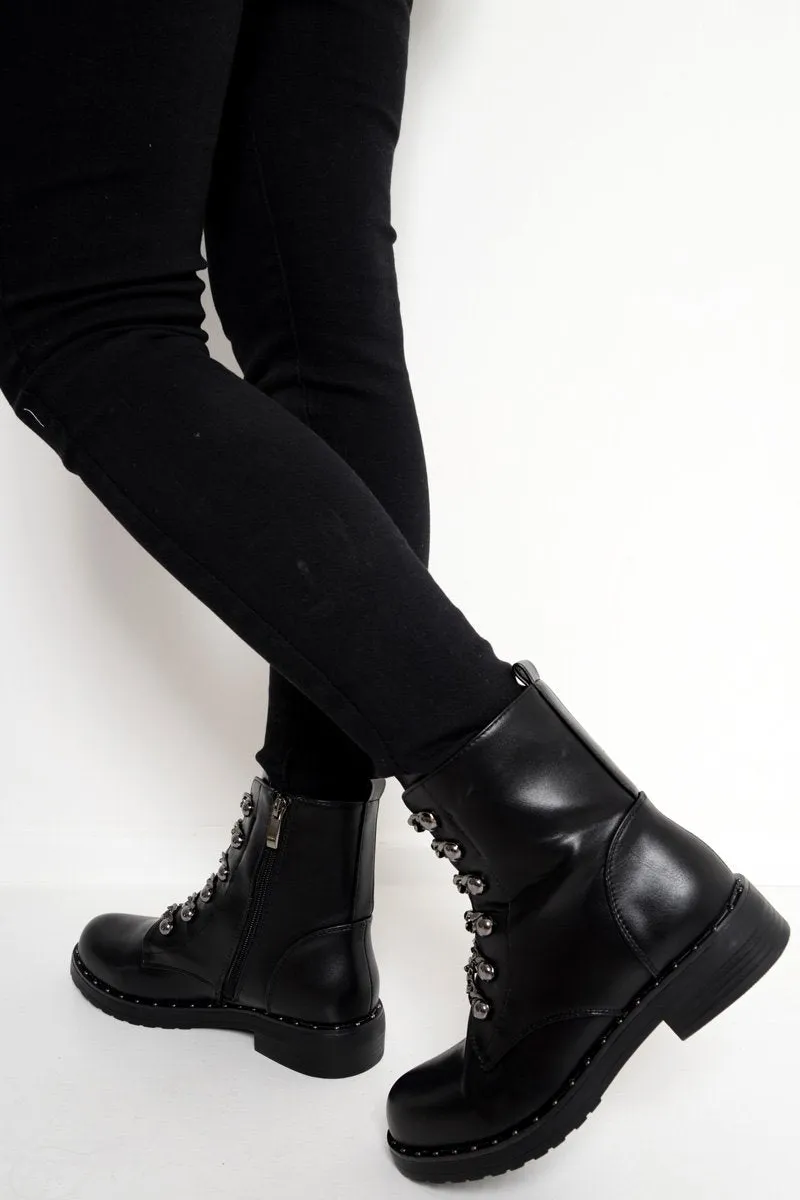 Black PU Chain Detail Biker Boots - Fischer