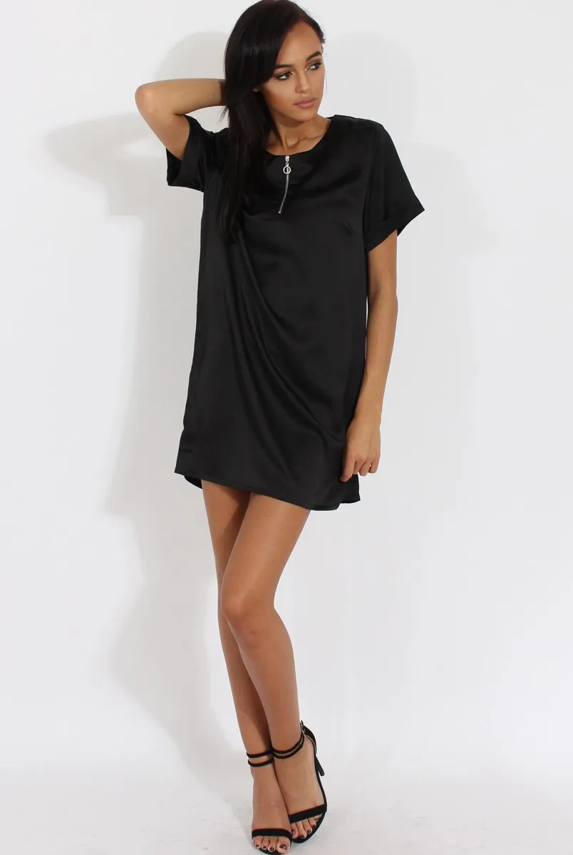 Black Satin Zip Tee Dress - Valeria