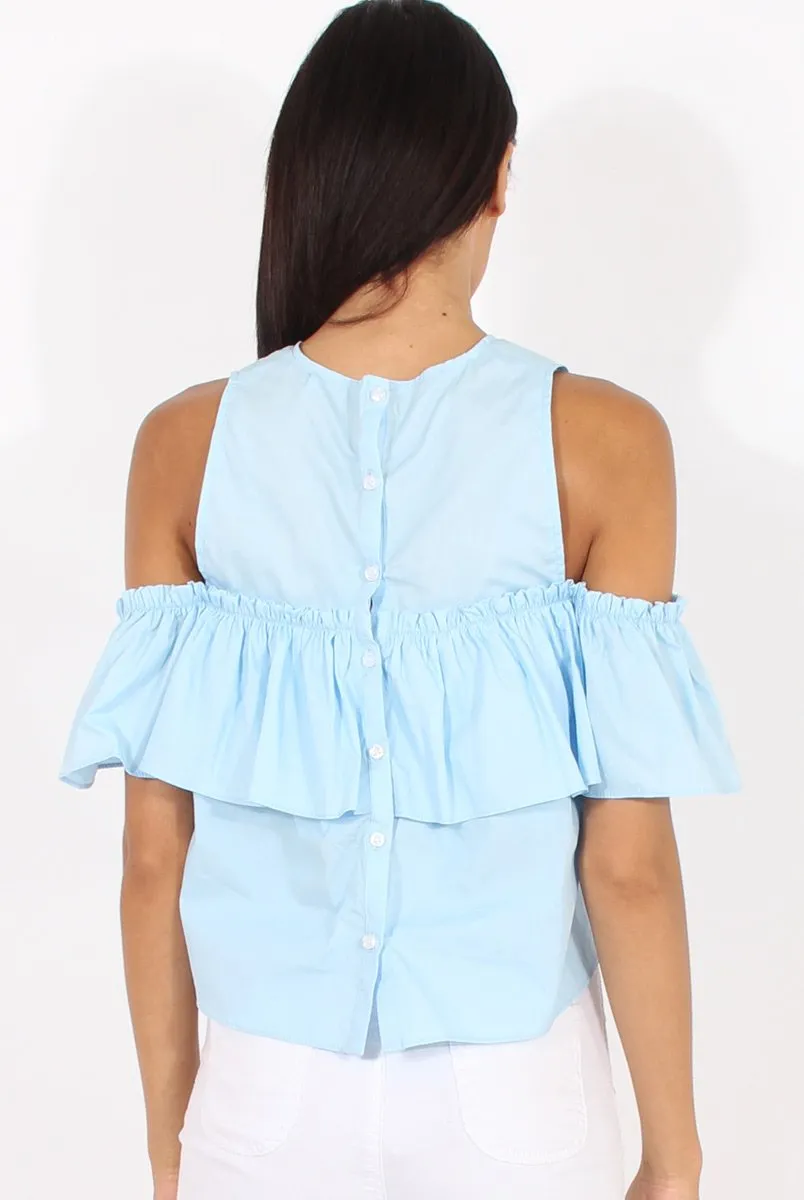 Blue Cold Shoulder Frill Layer Top - Ursula