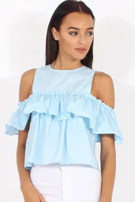 Blue Cold Shoulder Frill Layer Top - Ursula