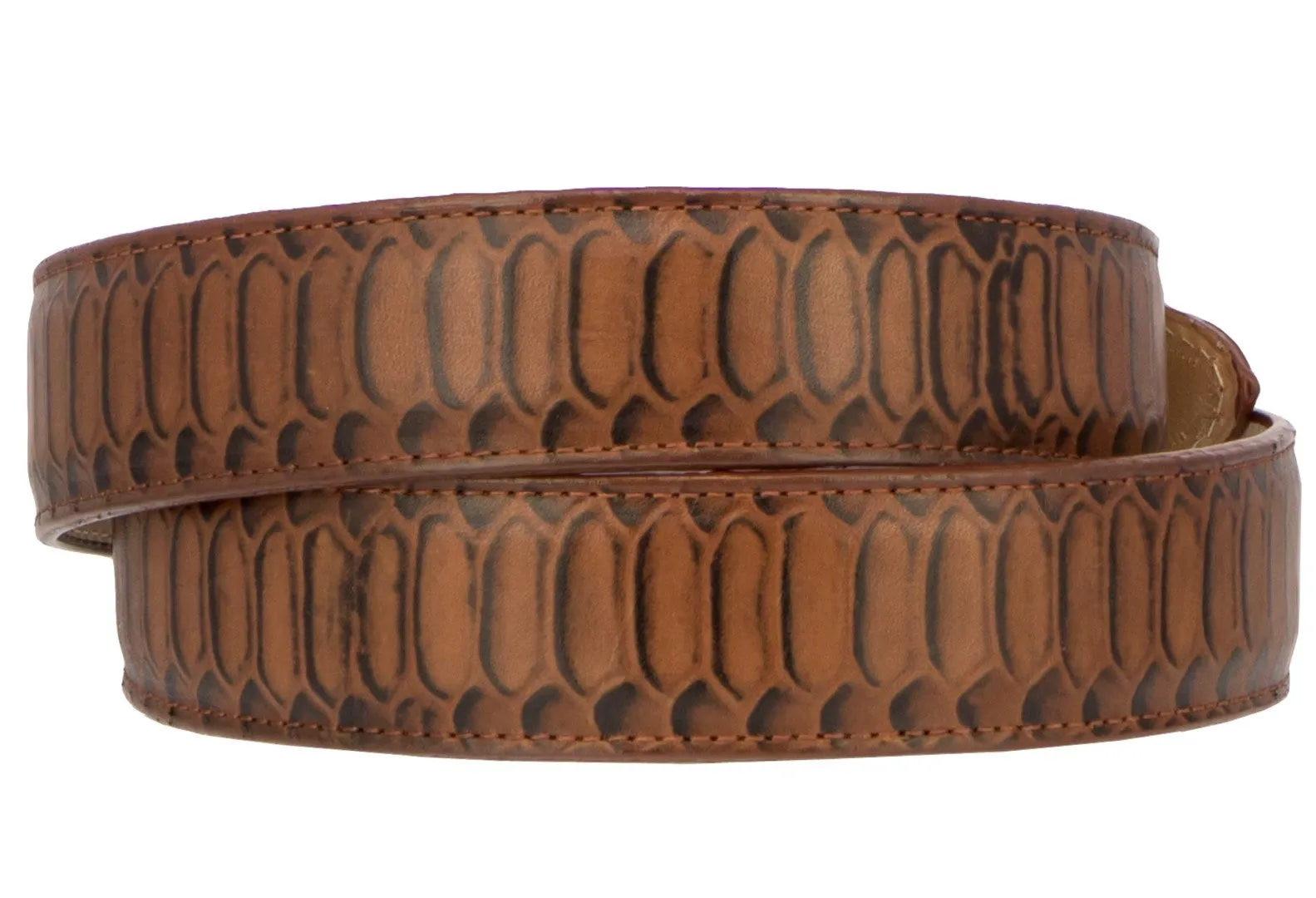 Cognac Western Cowboy Belt Snake Print Leather - Silver Buckle