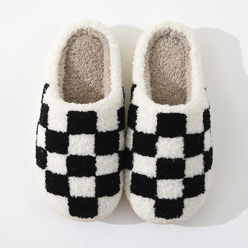 Comfortable Home Chessboard Grid Warm Winter Cotton Slippers