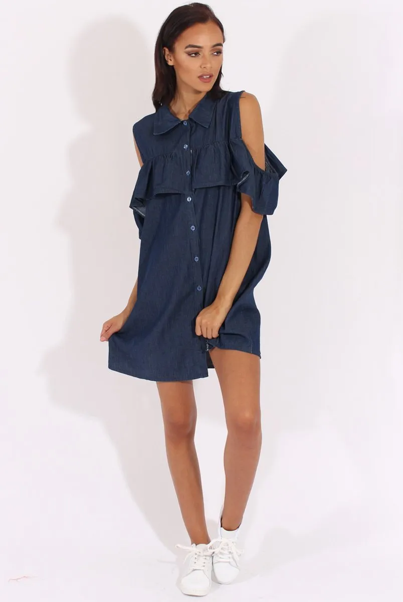 Dark Blue Cold Shoulder Denim Dress - Torrie