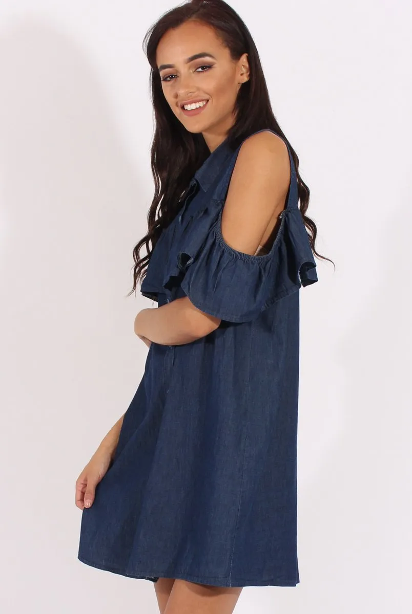 Dark Blue Cold Shoulder Denim Dress - Torrie