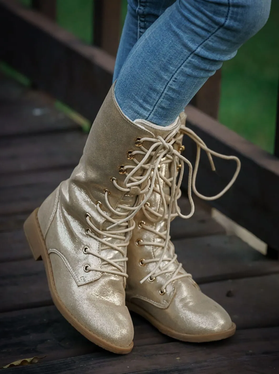 Girls Metallic Lace Up Combat Boots By Liv and Mia