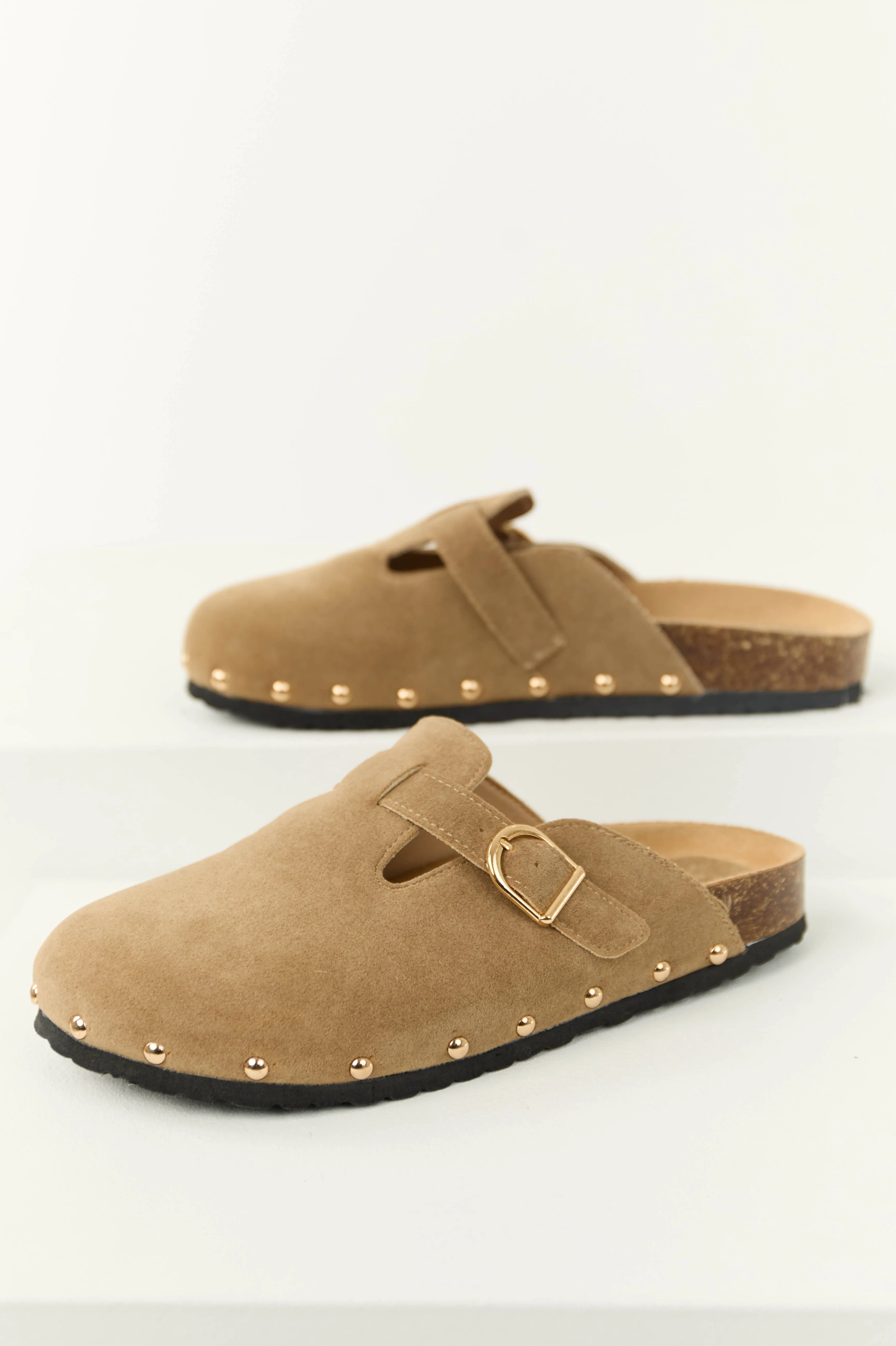 Latte Suede Studded Trim Clog Slip Ons