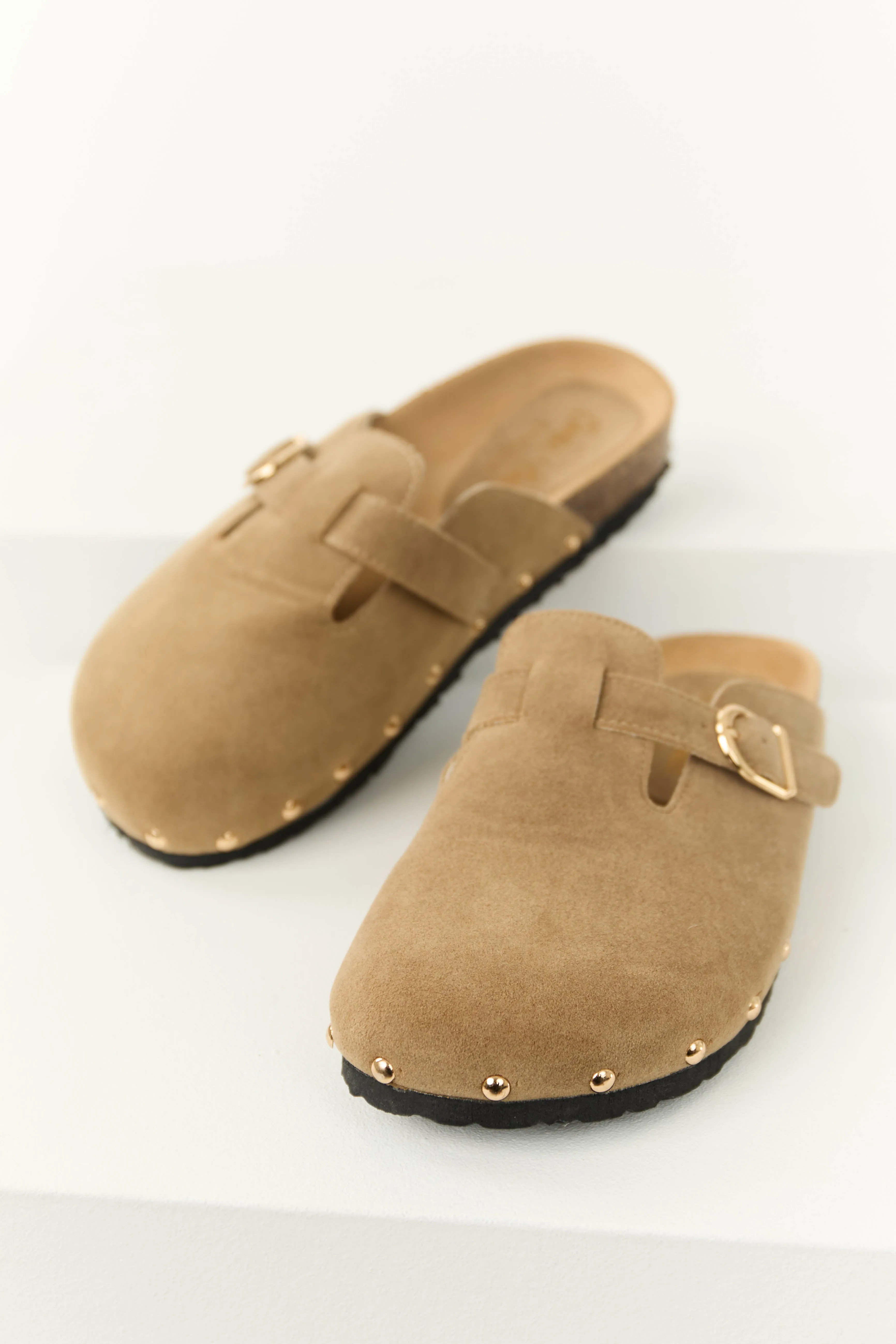 Latte Suede Studded Trim Clog Slip Ons