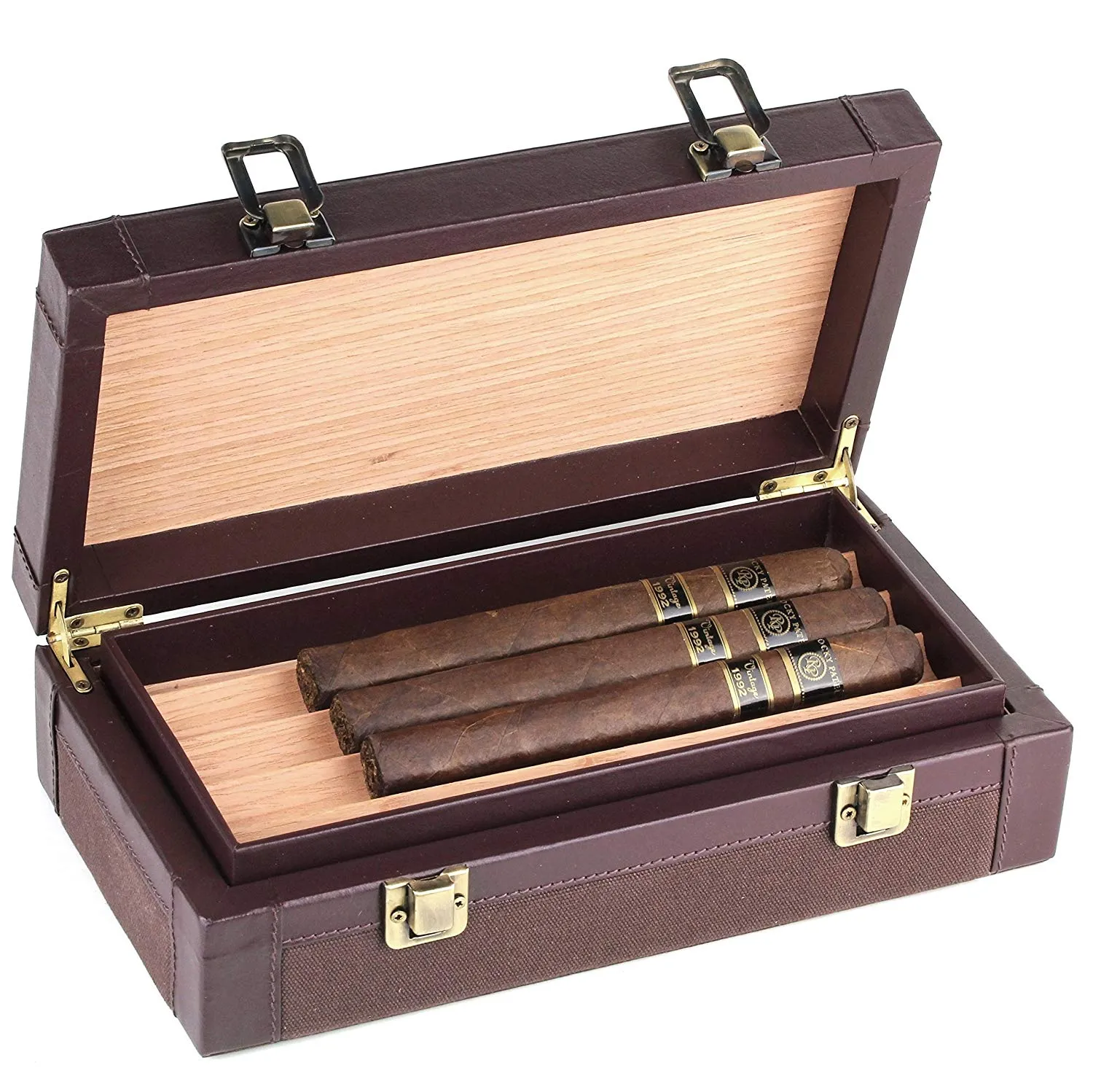 Leather Cigar Humidor Case Cedar Wood Box - Oil Pull-up   Canvas Leather - [Dark Brown Light Brown]