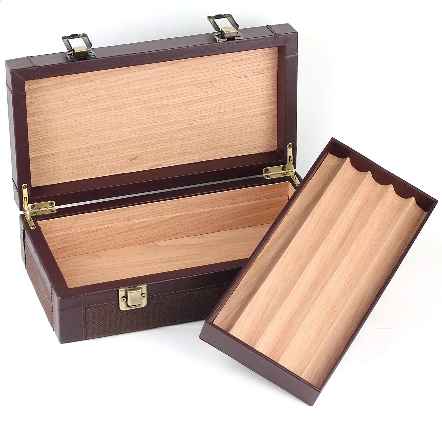 Leather Cigar Humidor Case Cedar Wood Box - Oil Pull-up   Canvas Leather - [Dark Brown Light Brown]