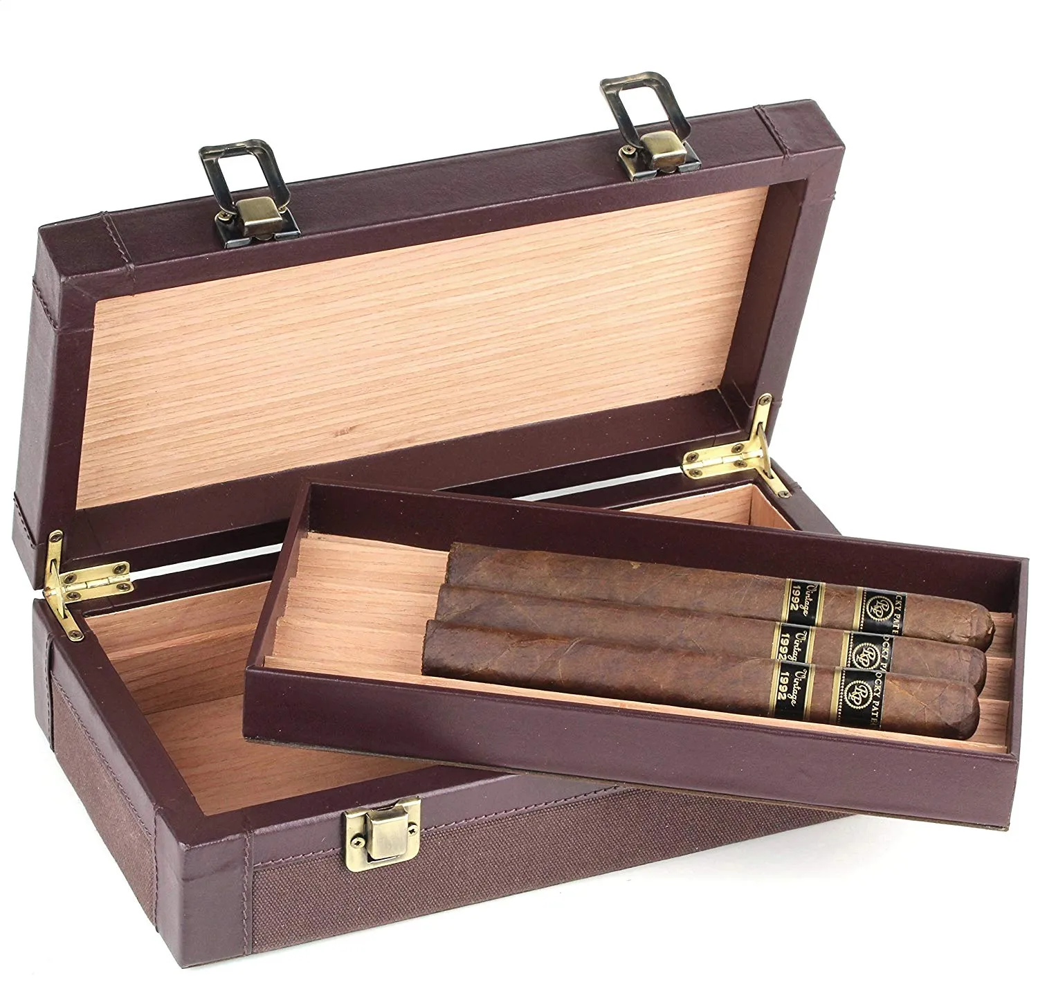 Leather Cigar Humidor Case Cedar Wood Box - Oil Pull-up   Canvas Leather - [Dark Brown Light Brown]