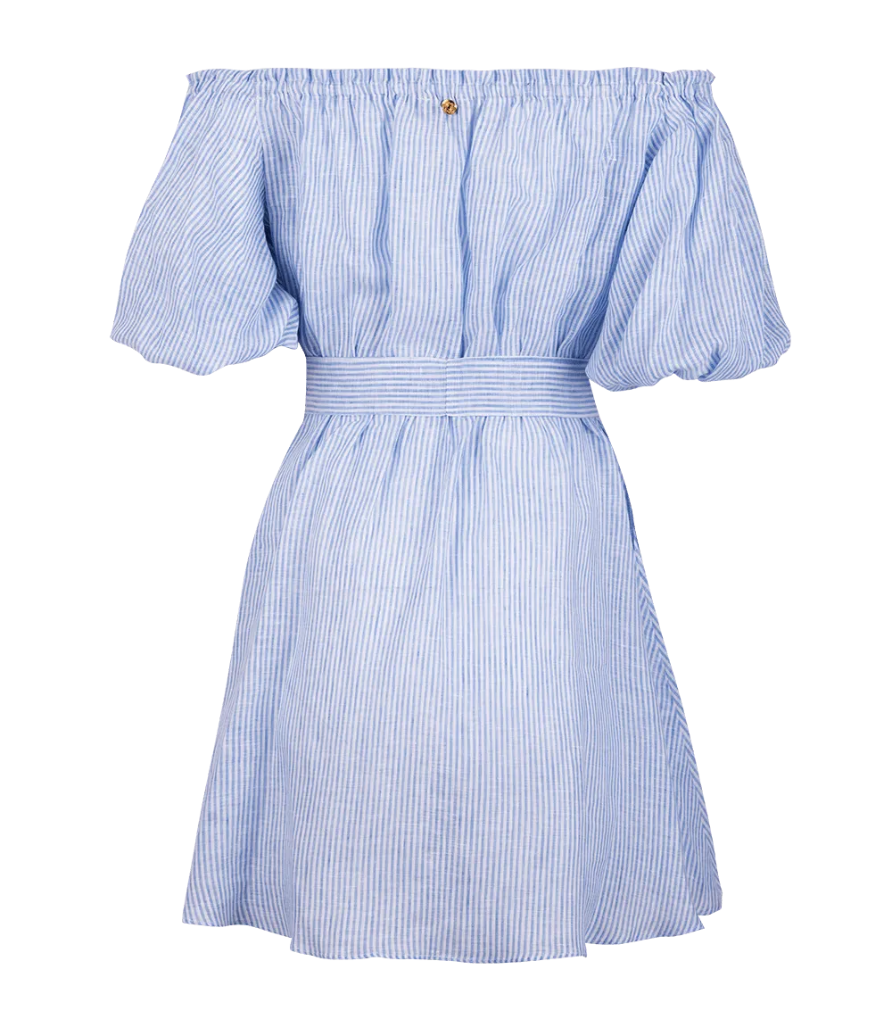 Leto Linen Puff Sleeve Short Dress Striped