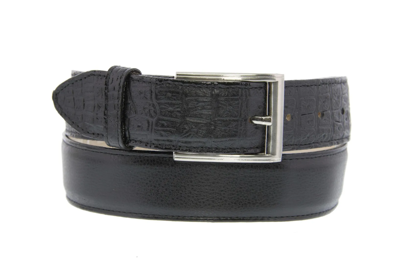 Mens Black Crocodile Belly Overlay Print Leather Cowboy Belt - Silver Buckle