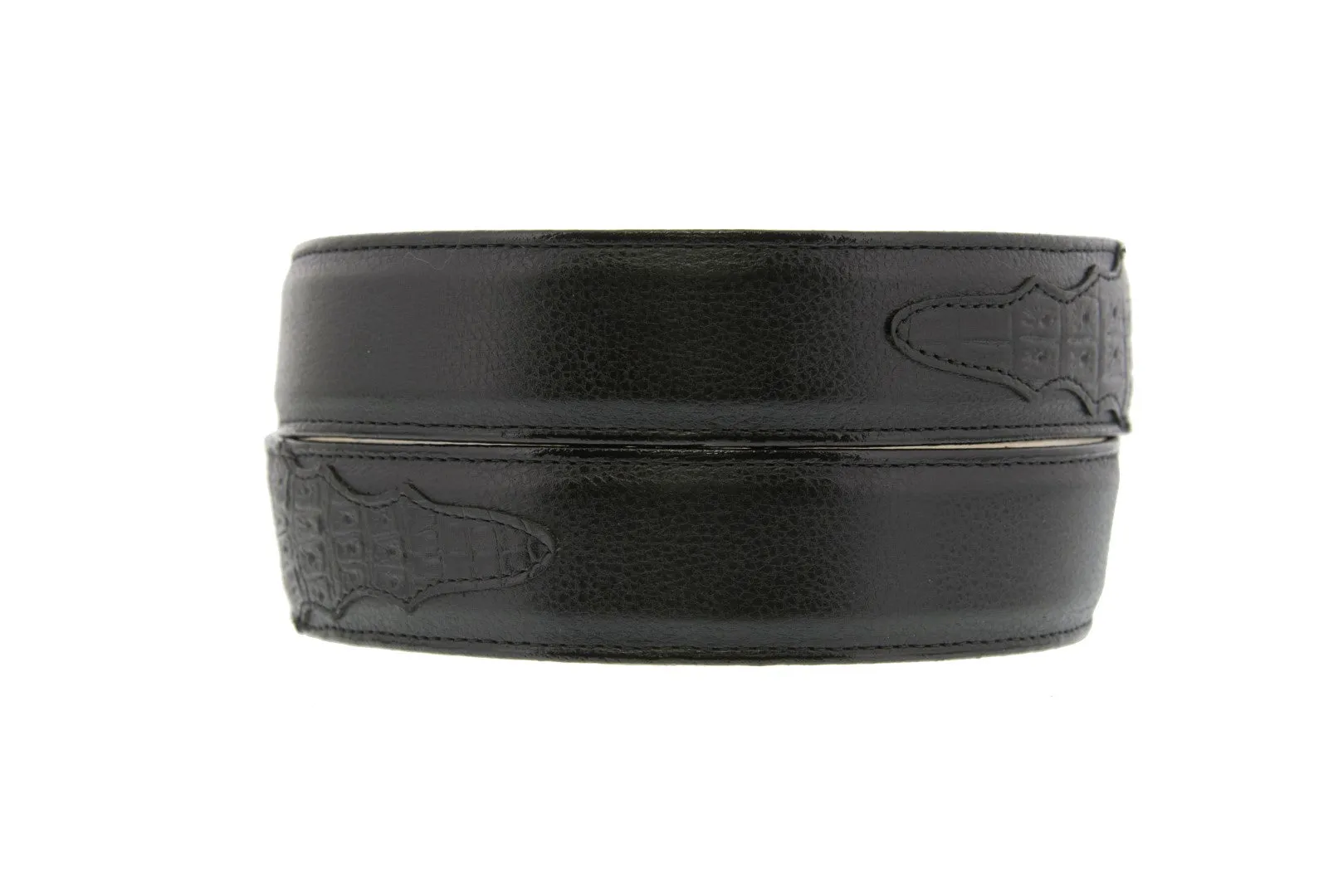 Mens Black Crocodile Belly Overlay Print Leather Cowboy Belt - Silver Buckle