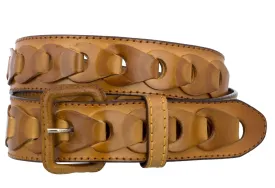 Mens Braided Real Leather Cowboy Jean Belt Removable Buckle Western Dress Cognac