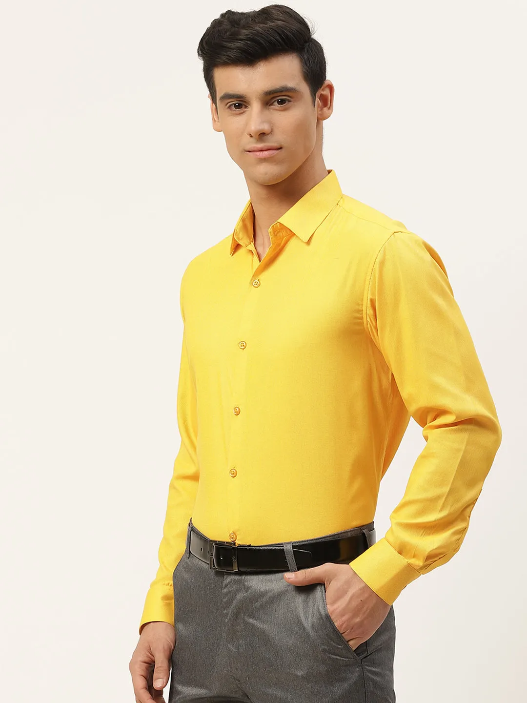 Men's Cotton Dark Yellow Self Design Classic Formal Shirt - Sojanya