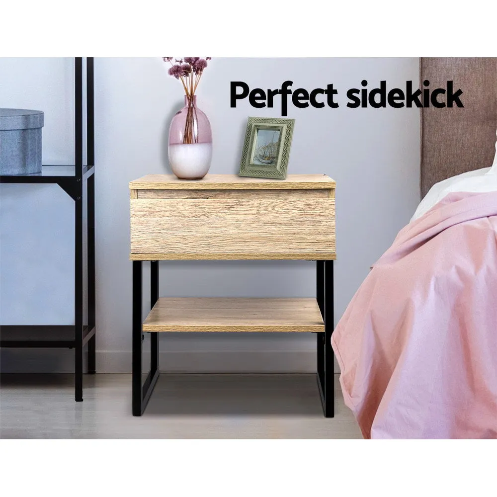 Metal Reinforced Bedside Table with Shelf & Drawer - Artiss