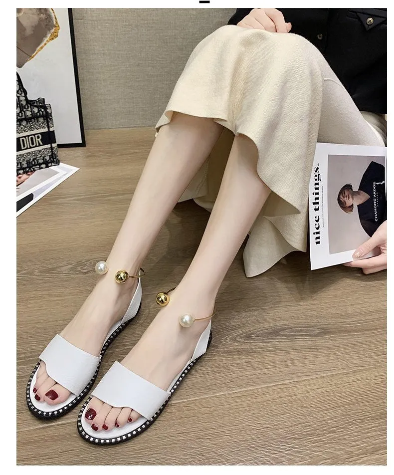 OCW Summer Premium Comfortable Pearl Buckle Women Leather Sandals