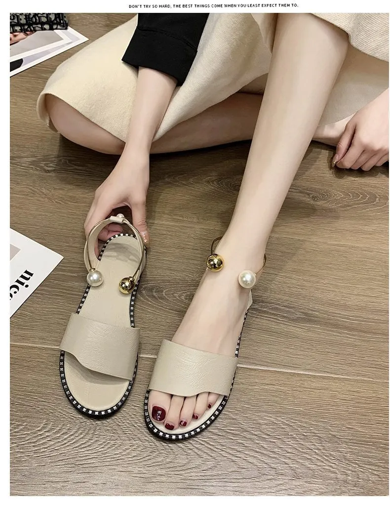 OCW Summer Premium Comfortable Pearl Buckle Women Leather Sandals