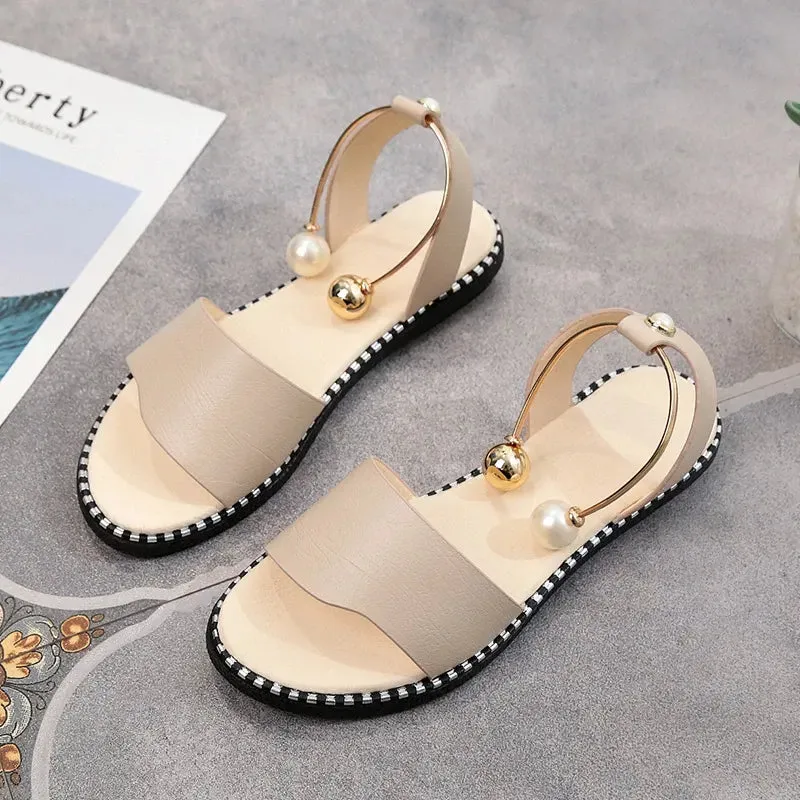 OCW Summer Premium Comfortable Pearl Buckle Women Leather Sandals