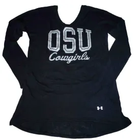 Oklahoma State Cowboys UA Under Armour Women Black V-Neck Heat Gear LS Shirt (M)