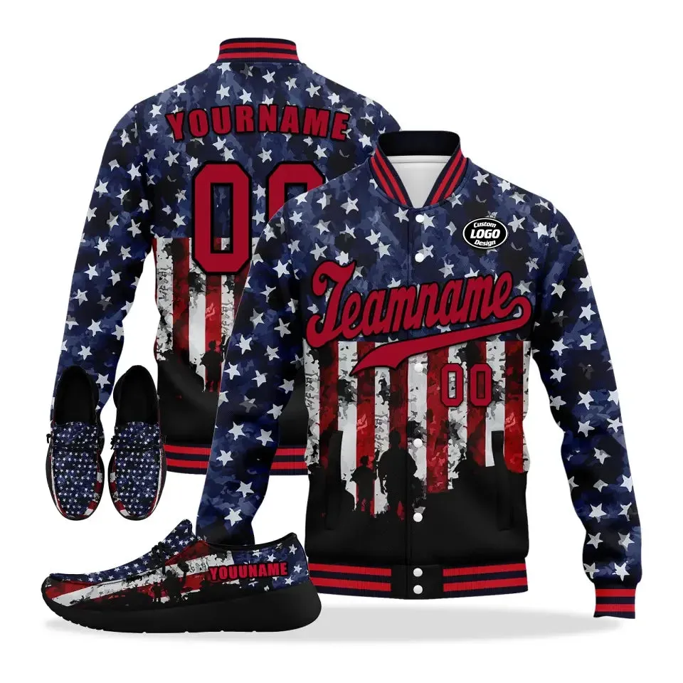 Personalized America Combo Offer, Custom Stars and Stripes Jackets and Loafer Shoes, Best Gift for Vetaran