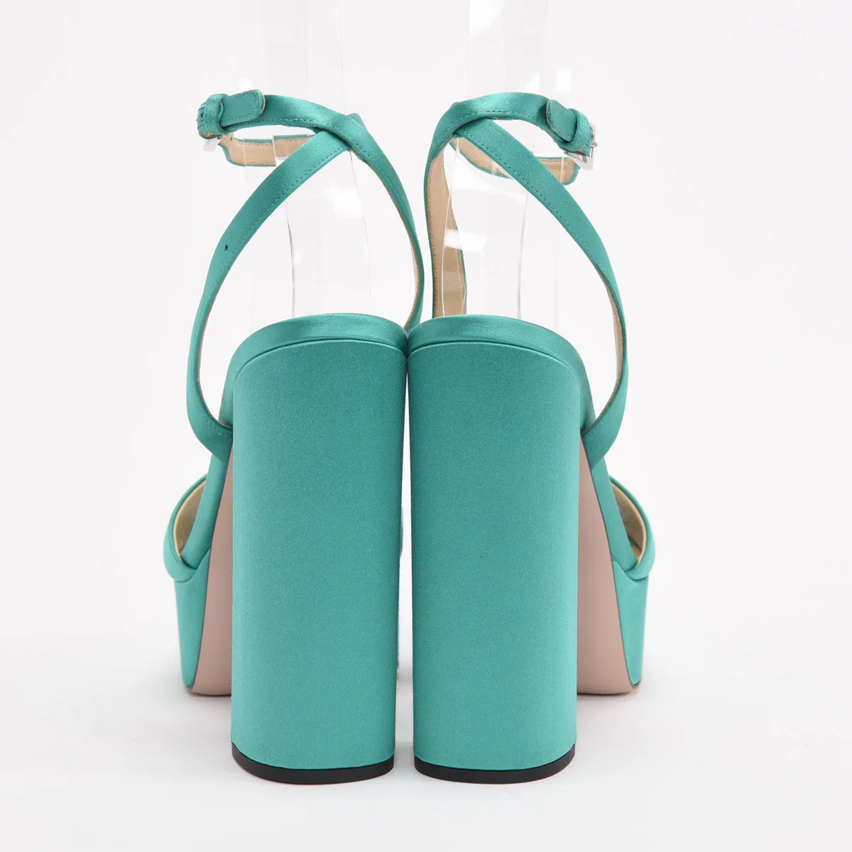 Prada Emerald Satin Platform Pumps 39