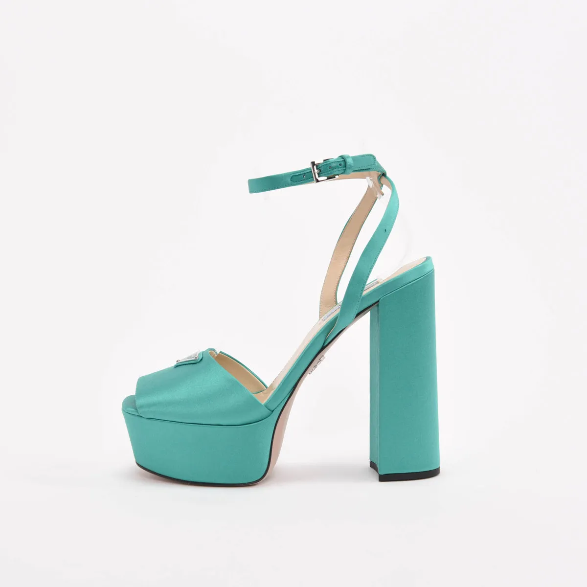 Prada Emerald Satin Platform Pumps 39