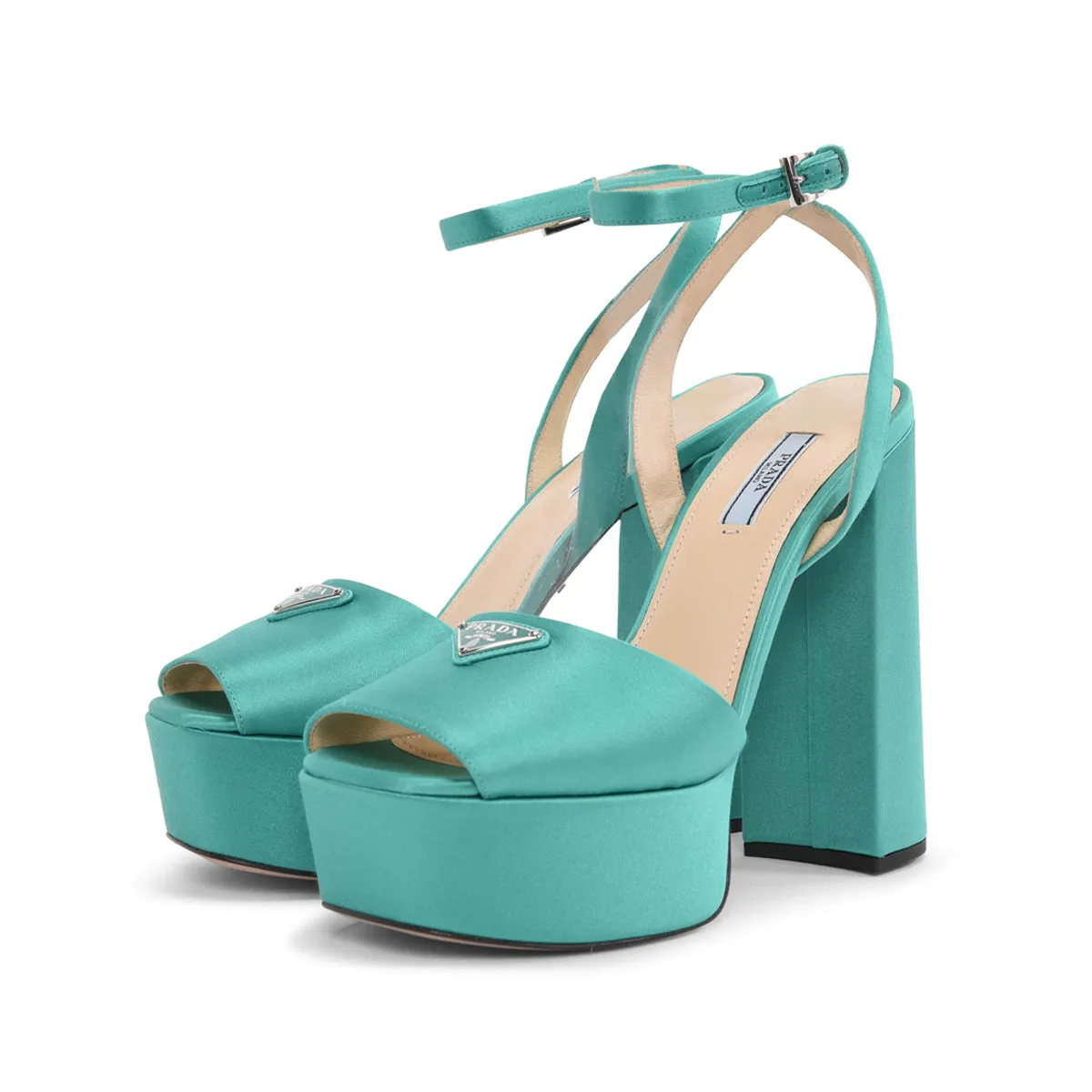 Prada Emerald Satin Platform Pumps 39