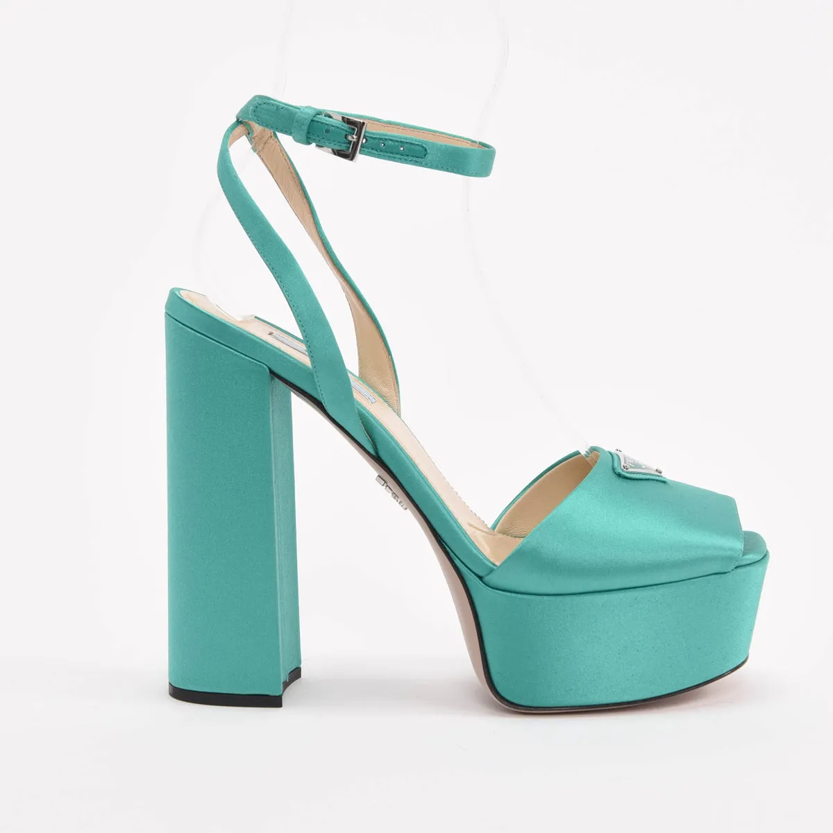 Prada Emerald Satin Platform Pumps 39