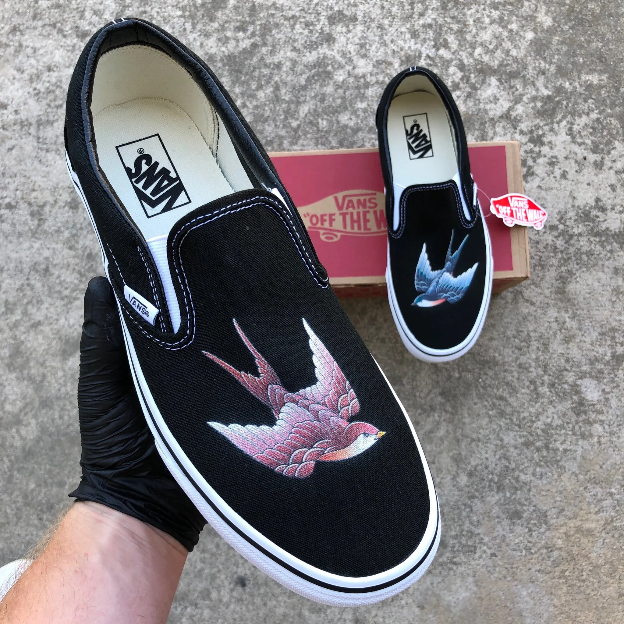 Red And Blue Sparrow - Black Slip Ons