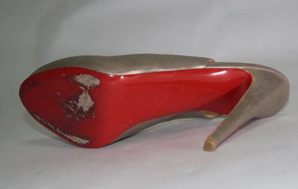 Red Sole Peep-Toe Oyster Gold Heels | Size 10.5 US / 40.5 EU