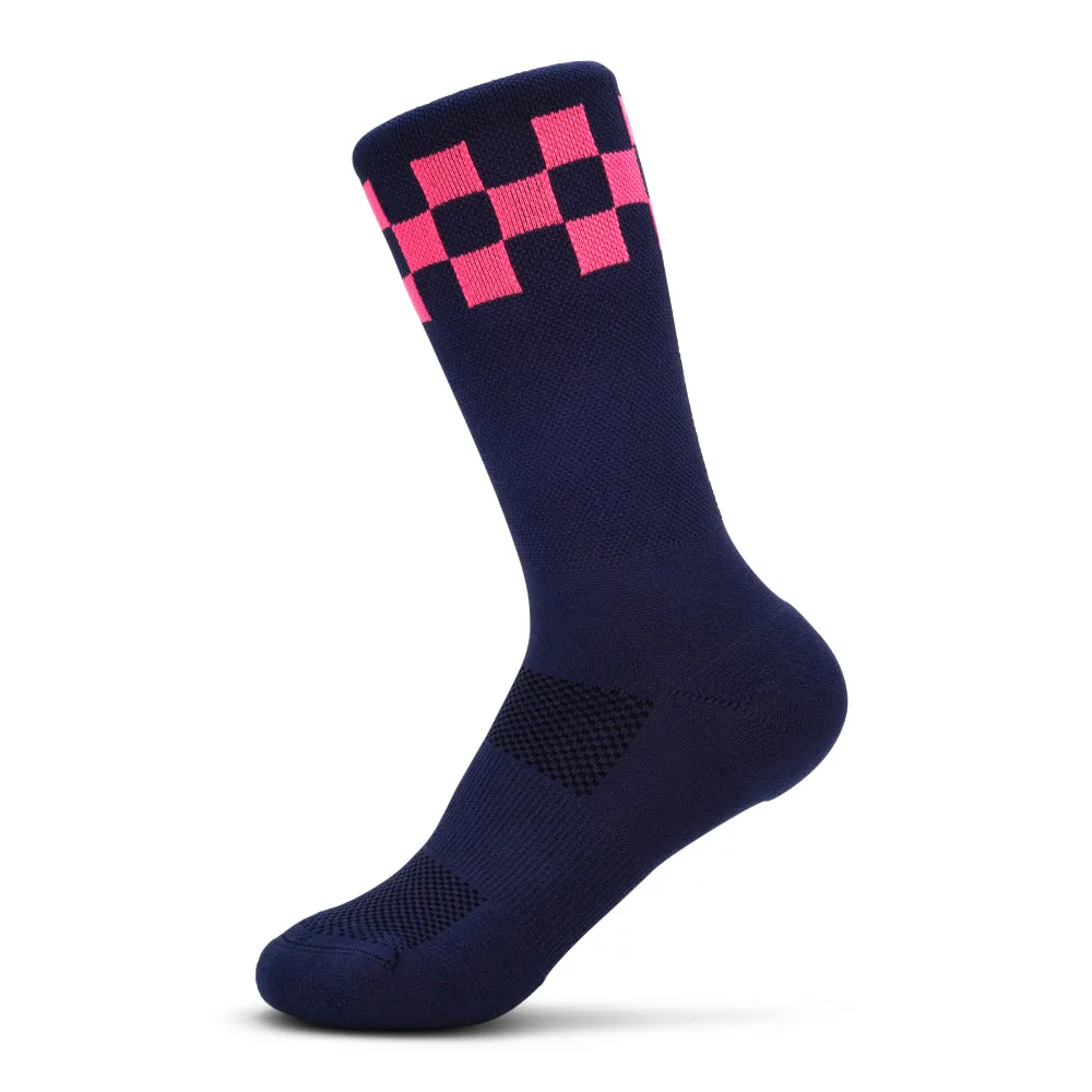 Stoke Signal Socks - Navy with Pink Checkerboard**