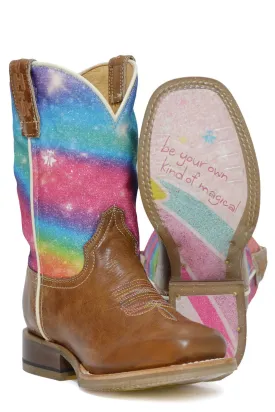 Tin Haul Kids Girls Rainbow Sparkles Brown Leather Cowboy Boots 9