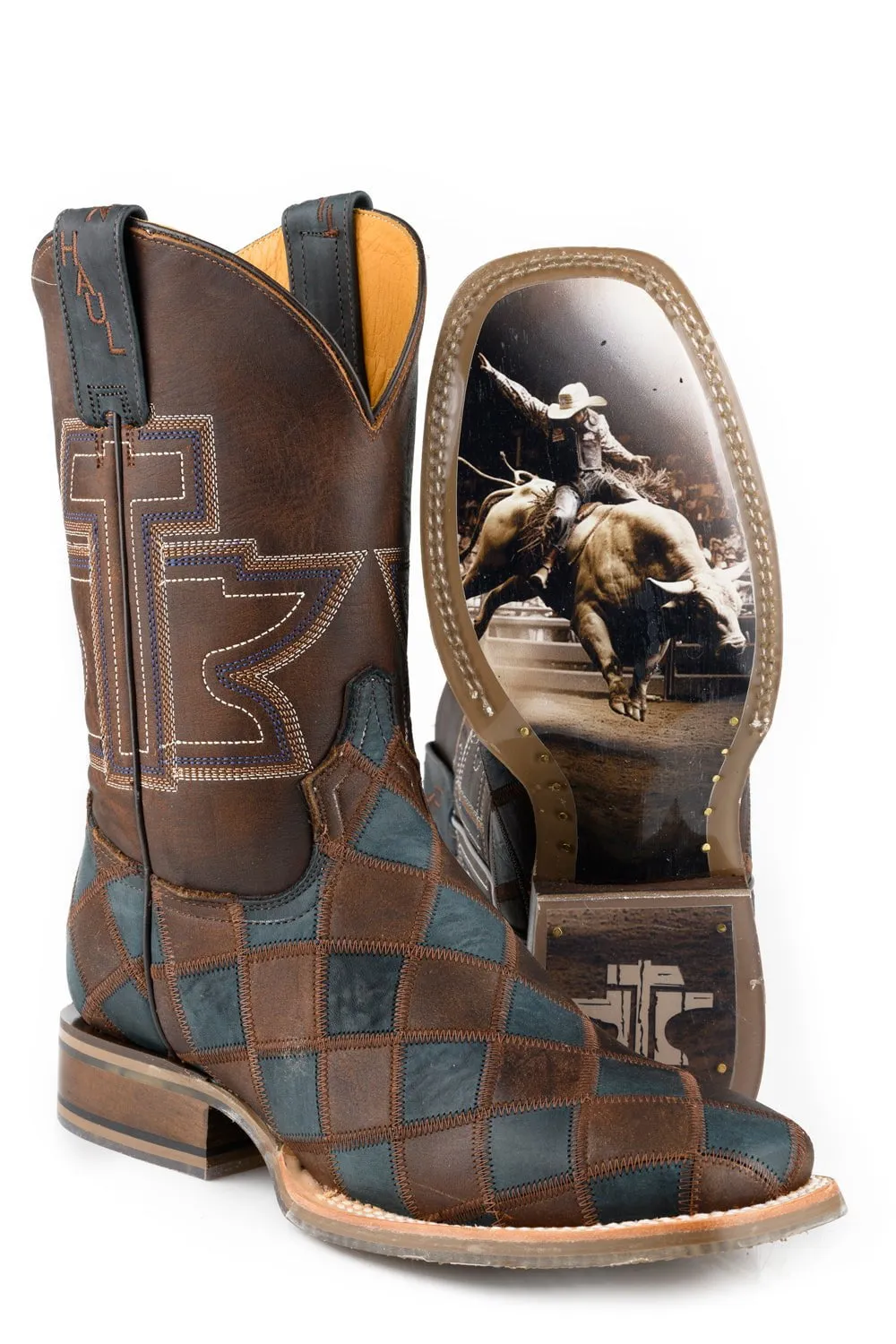 Tin Haul Mens Check Me Out Brown/Blue Leather Cowboy Boots