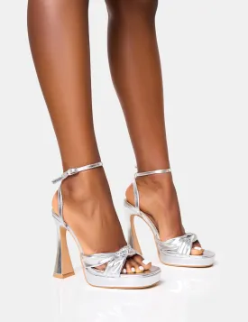 Trendsetter Silver Knot Detail Flare Platform Heels