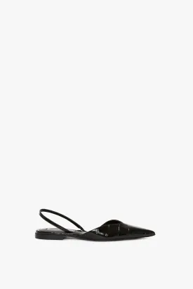 V Cut Sling Back In Black Croc-Effect Leather