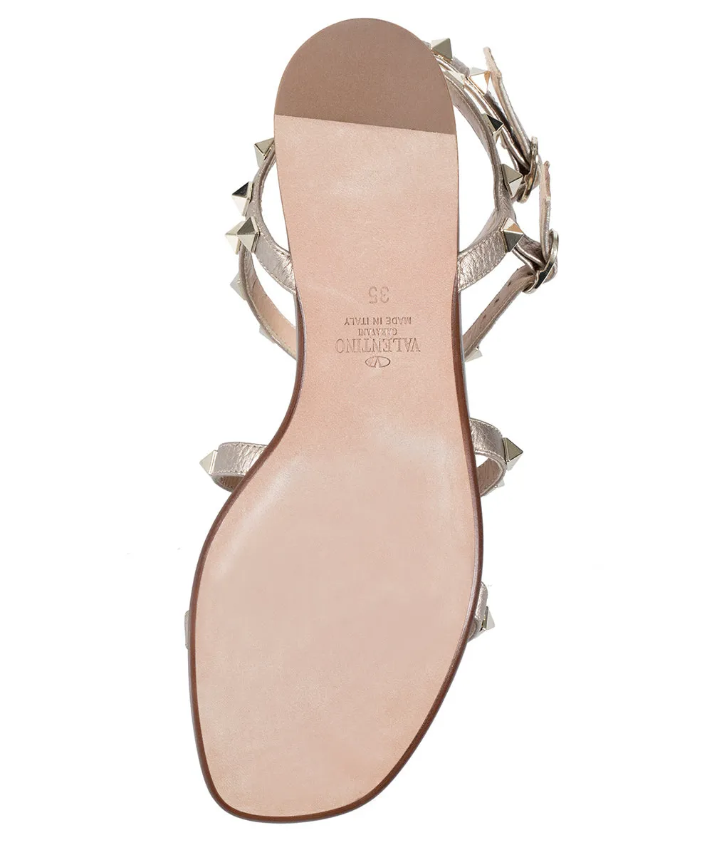 Valentino Rockstud Caged Flat Sandals in Metallic Elk-Print