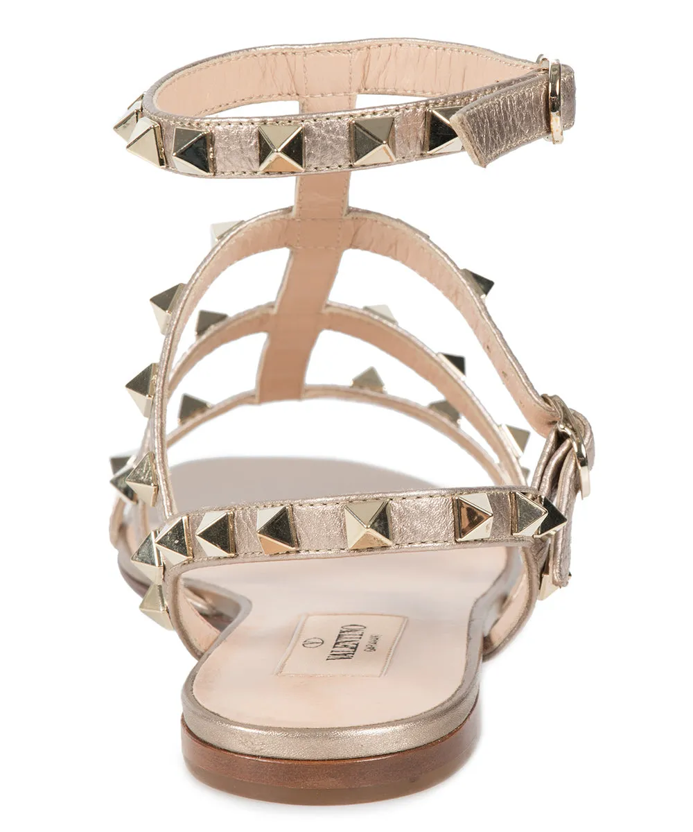 Valentino Rockstud Caged Flat Sandals in Metallic Elk-Print