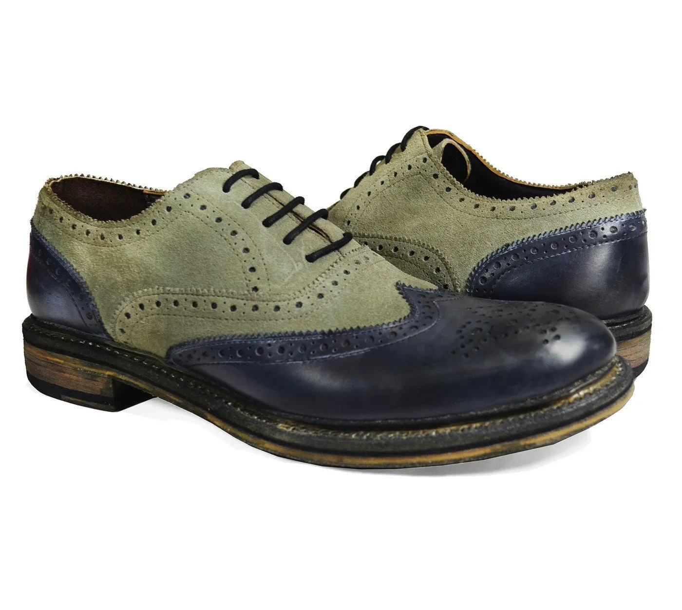 VERONA Full Leather Grey and Navy Wing Tip Oxfords